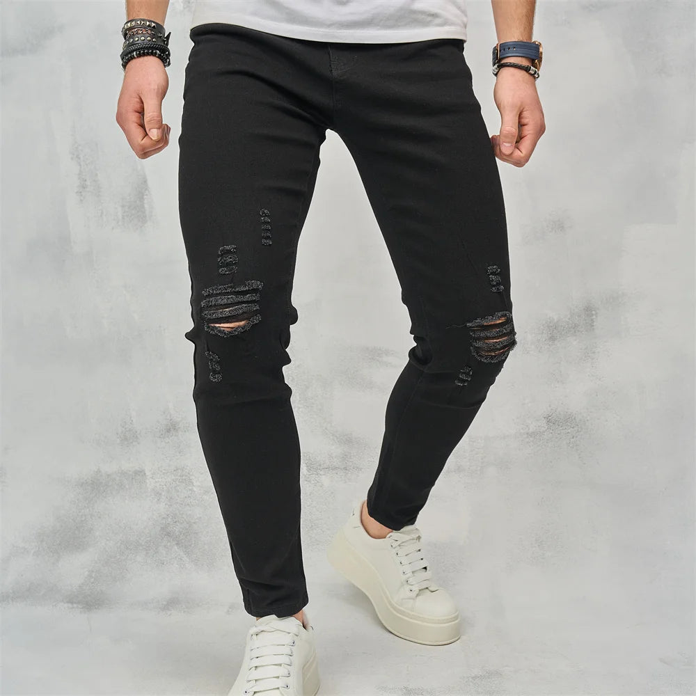 Men High Street Ripped Hip Hop Stylish Skinny Jeans Male Trousers High Quality Holes Casual Cotton Pencil Denim Pants