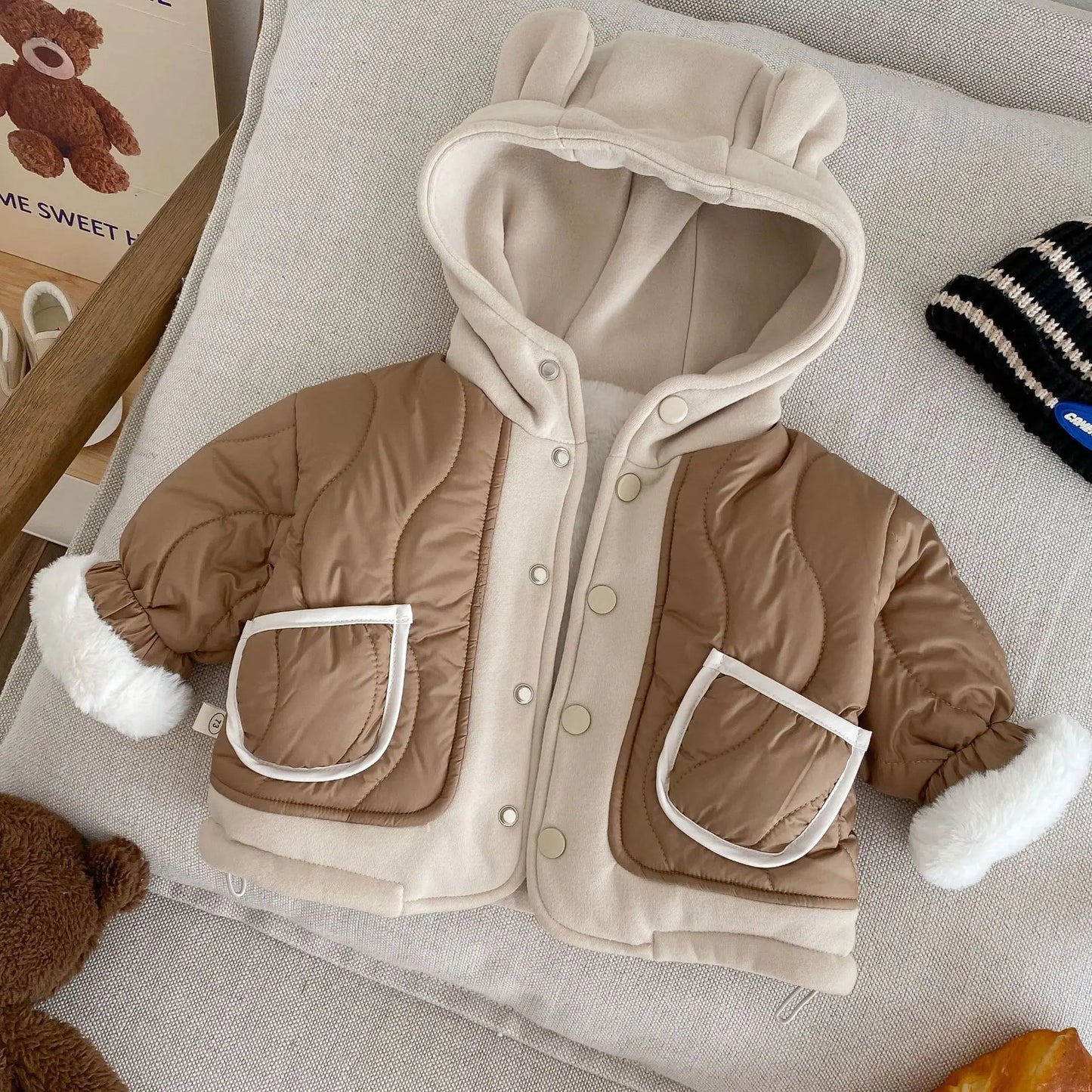 2024 Winter New in Kids Baby Boys Thicken Velvet Warm Patchwork Hooded Top Jacket, Toddler Children Fashion Outwear 3M-5Y