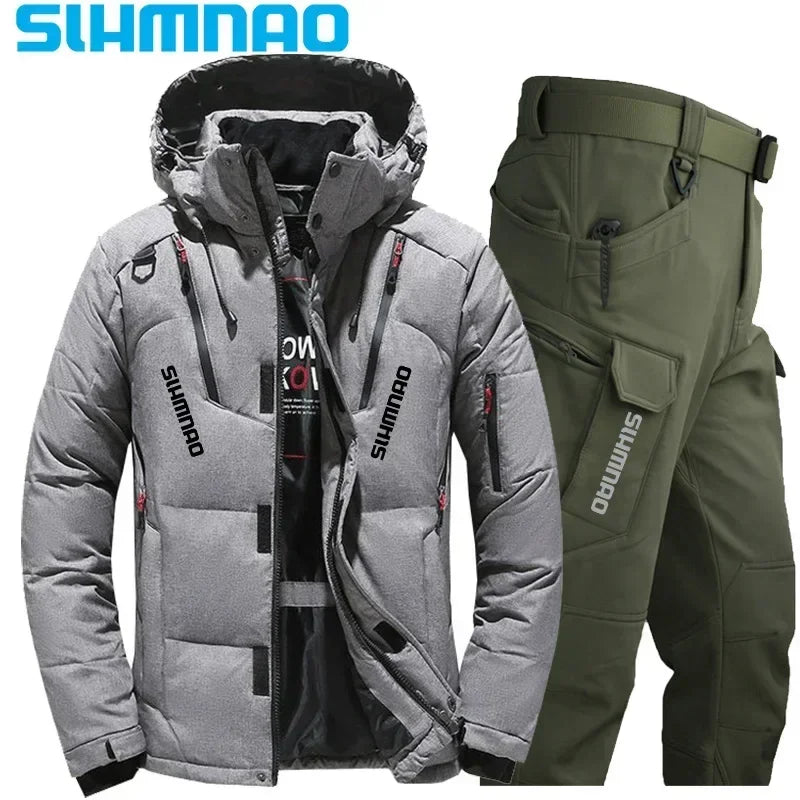 Men's Goose Down Jacket and Tactical Pants, Winter Fishing Suit, Warm, Snow Skiing, Mountain Climbing, Hunting Sportswear