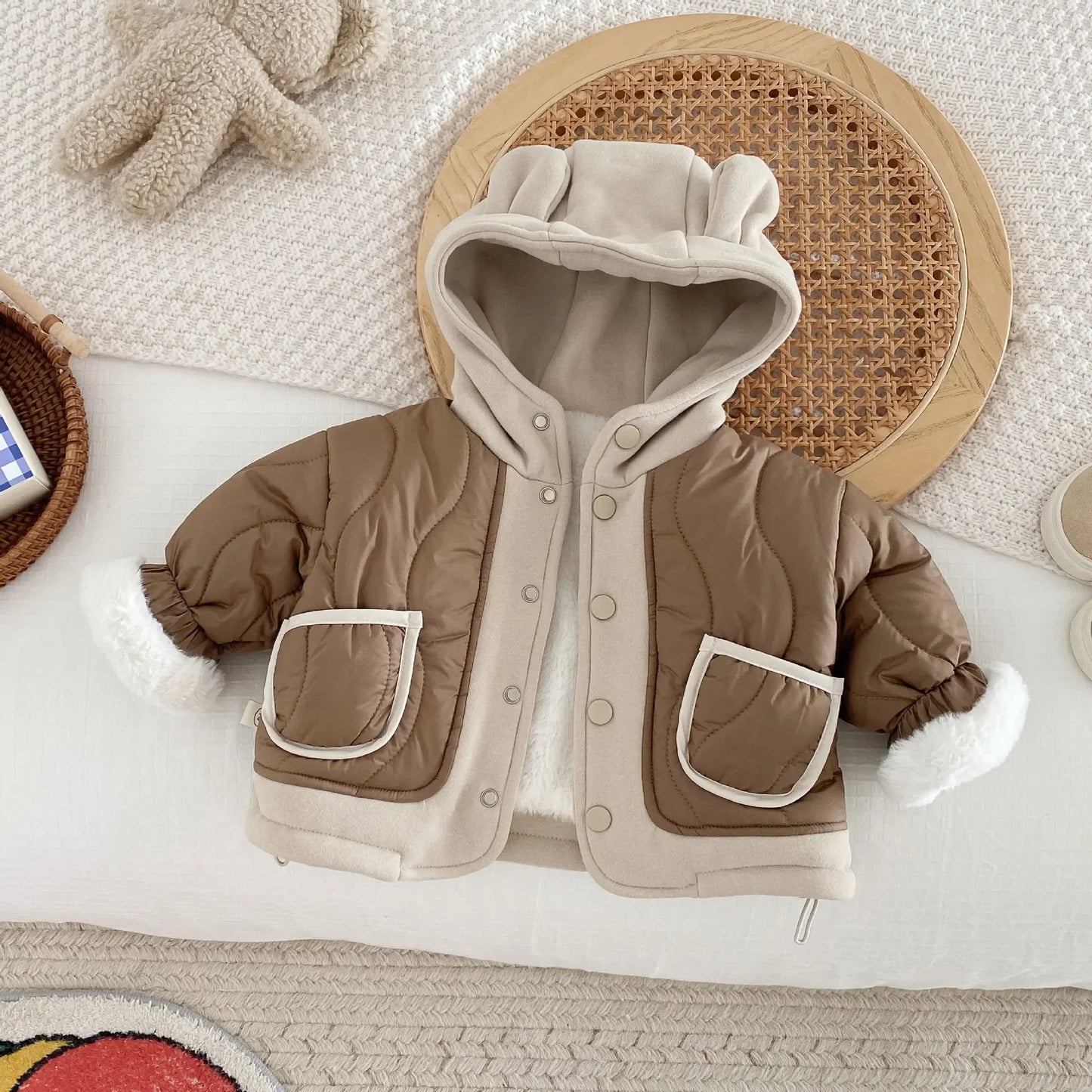 2024 Winter New in Kids Baby Boys Thicken Velvet Warm Patchwork Hooded Top Jacket, Toddler Children Fashion Outwear 3M-5Y