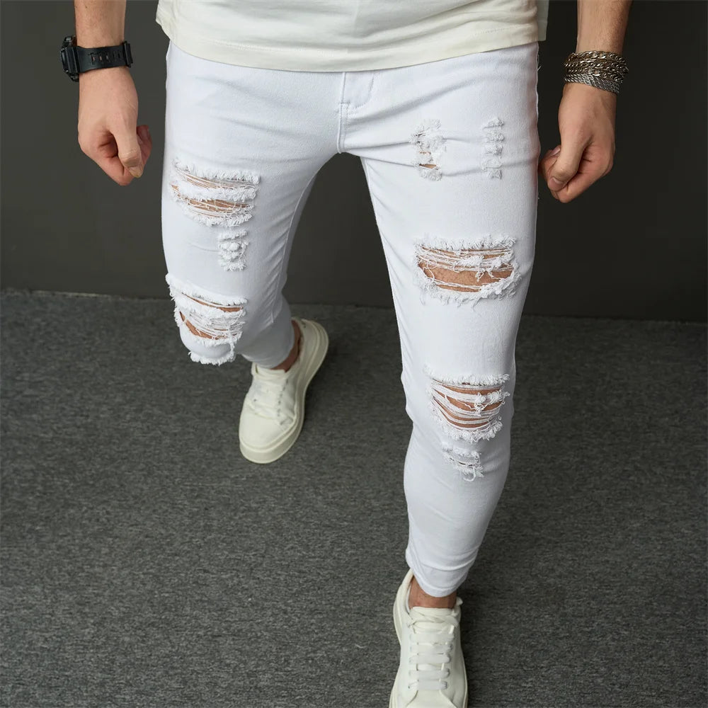 Streetwear Men Simple Style Stretch Skinny Jeans Pants Male Holes Solid Distressed Slim Pencil Denim Trousers