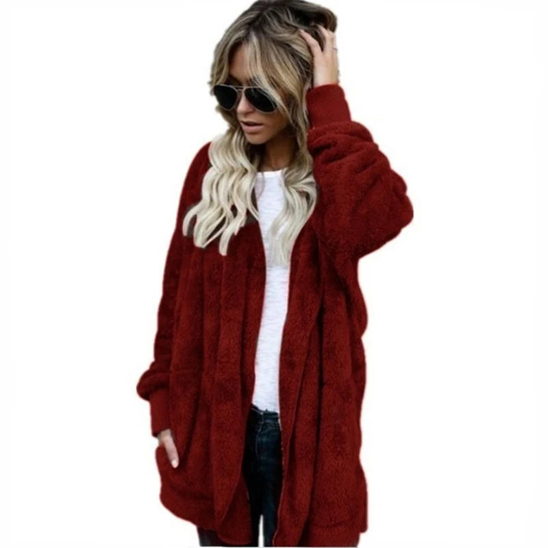 Autumn Winter Double Fleece Cardigan Jacket Women Solid