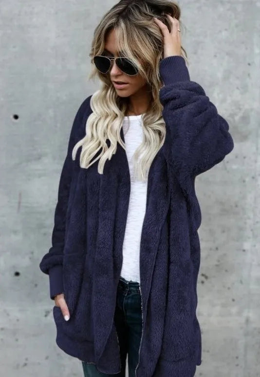 Autumn Winter Double Fleece Cardigan Jacket Women Solid