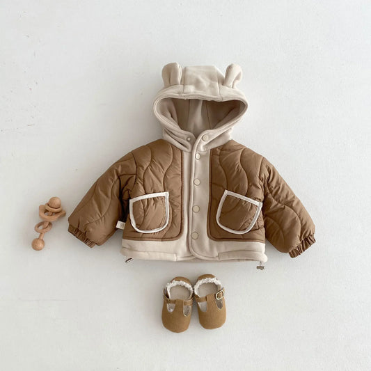 2024 Winter New in Kids Baby Boys Thicken Velvet Warm Patchwork Hooded Top Jacket, Toddler Children Fashion Outwear 3M-5Y