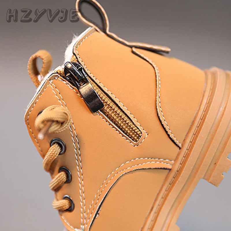 New Children's Fashion Boots Winter Thickened Boys Girls' Anti Slip Warm Leather Boots Side Zipper Solid Color Kids Casual Shoes