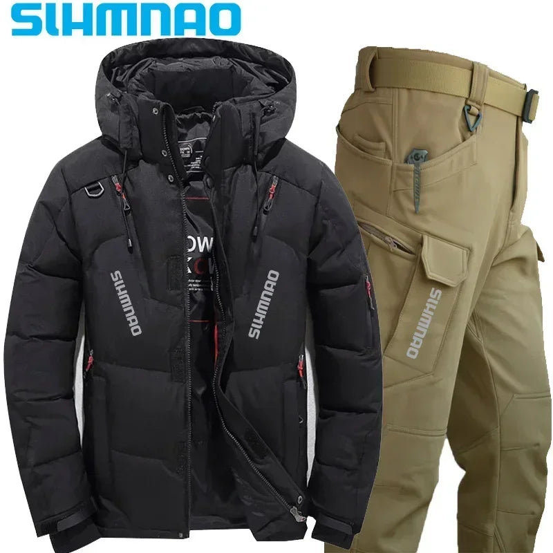 Men's Goose Down Jacket and Tactical Pants, Winter Fishing Suit, Warm, Snow Skiing, Mountain Climbing, Hunting Sportswear