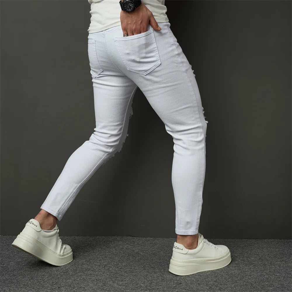 Streetwear Men Simple Style Stretch Skinny Jeans Pants Male Holes Solid Distressed Slim Pencil Denim Trousers