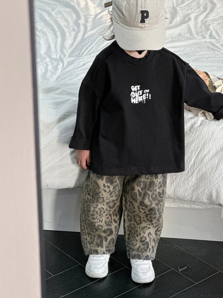 Hip Hop Casual Loose Children's Pants Children's Four Seasons Pure Cotton Leopard Pattern Jeans Trendy Casual Pants