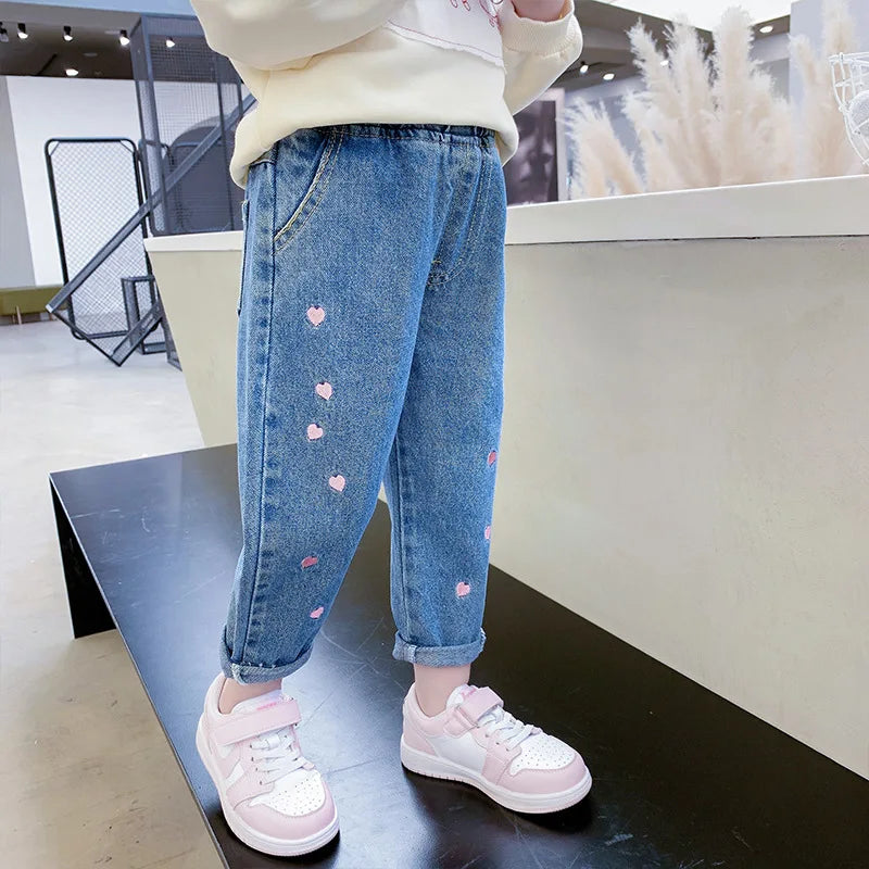 Spring Autumn Baby Denim Pants For Girls Heart Embroidery Elastic Waist Kid Girls Trousers Stretch Exterior Children Girls Pants