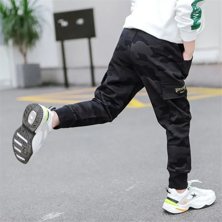 New 4-14T kids Boys Pants Autumn Winter Thick Camouflage Kids Trousers Teenage Boy Warm Clothing Elastic Waist Boy Cargo Pants