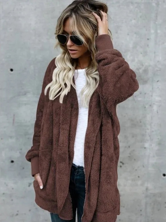 Autumn Winter Double Fleece Cardigan Jacket Women Solid