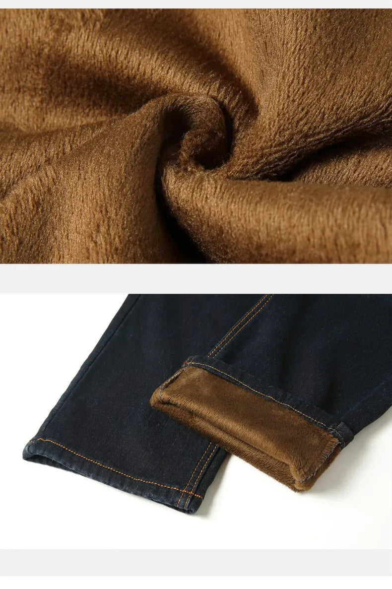 Men 2024 Winter Fleece Warm Retro Business Pants Jeans