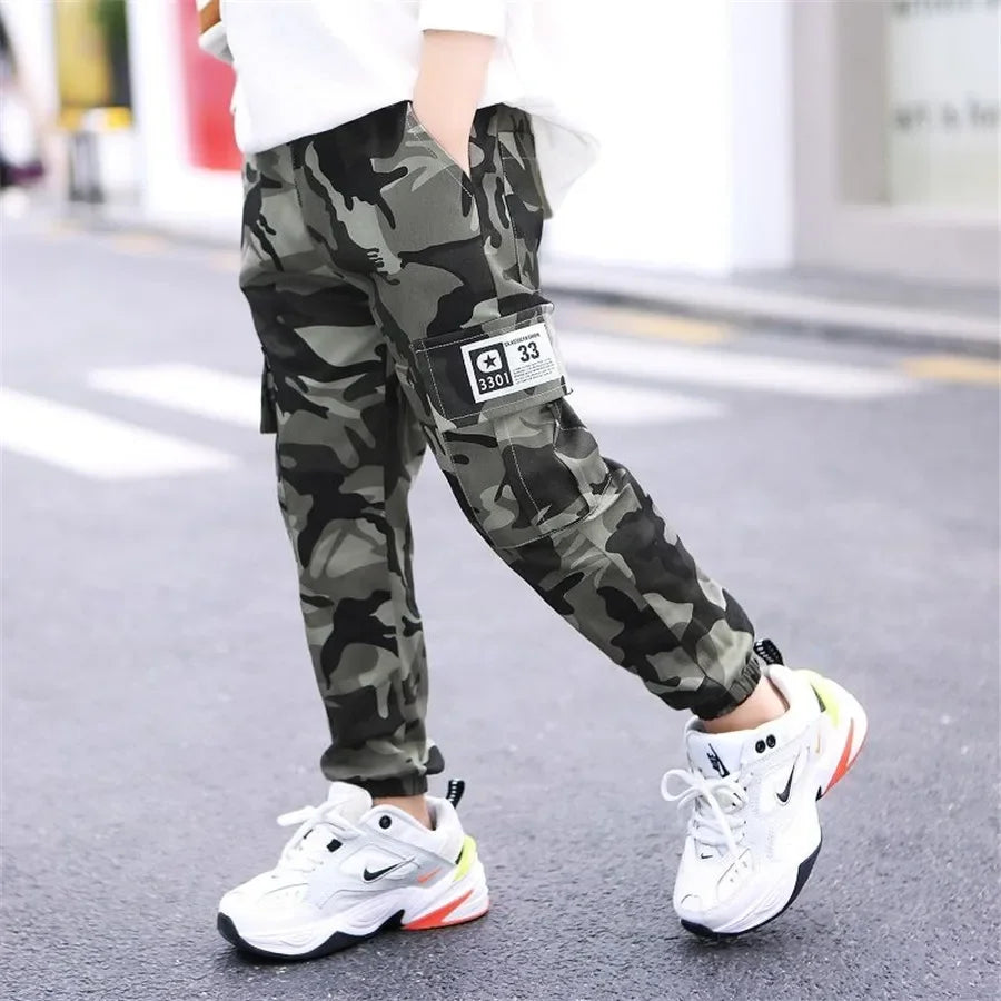 New 4-14T kids Boys Pants Autumn Winter Thick Camouflage Kids Trousers Teenage Boy Warm Clothing Elastic Waist Boy Cargo Pants