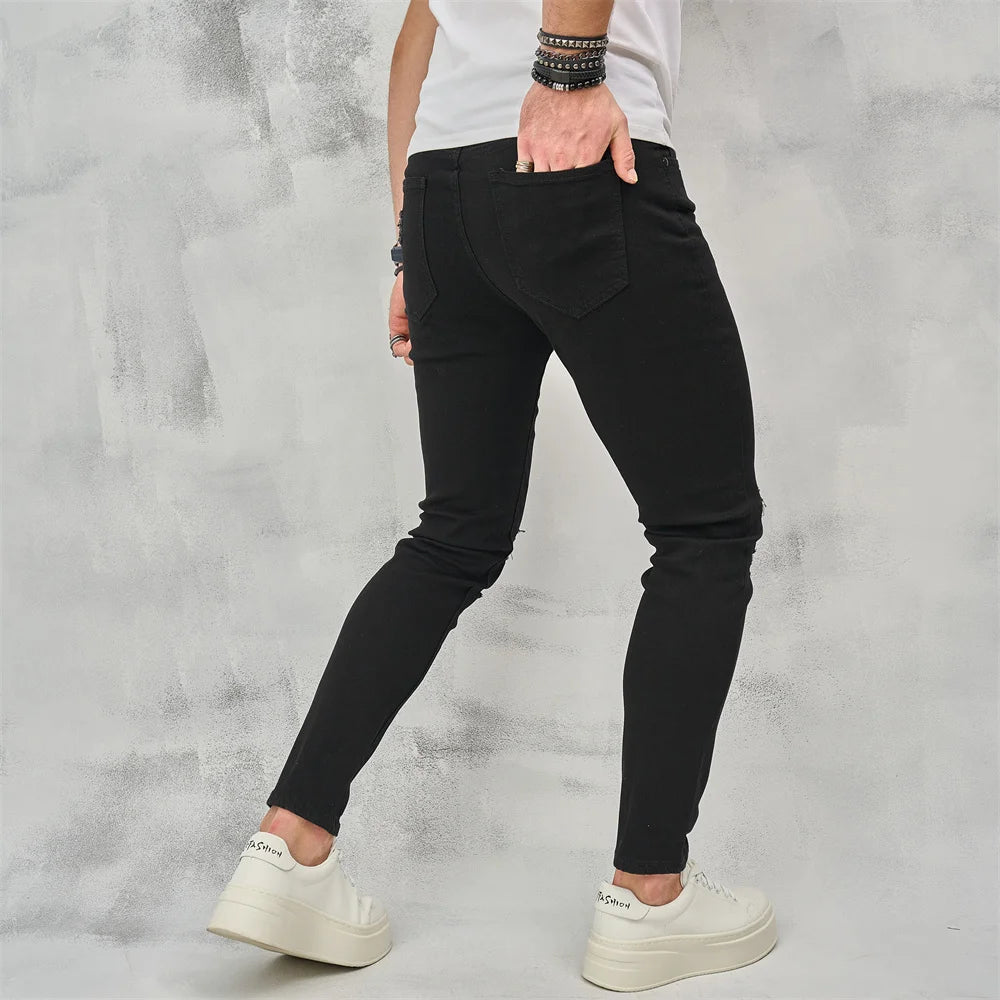 Men High Street Ripped Hip Hop Stylish Skinny Jeans Male Trousers High Quality Holes Casual Cotton Pencil Denim Pants