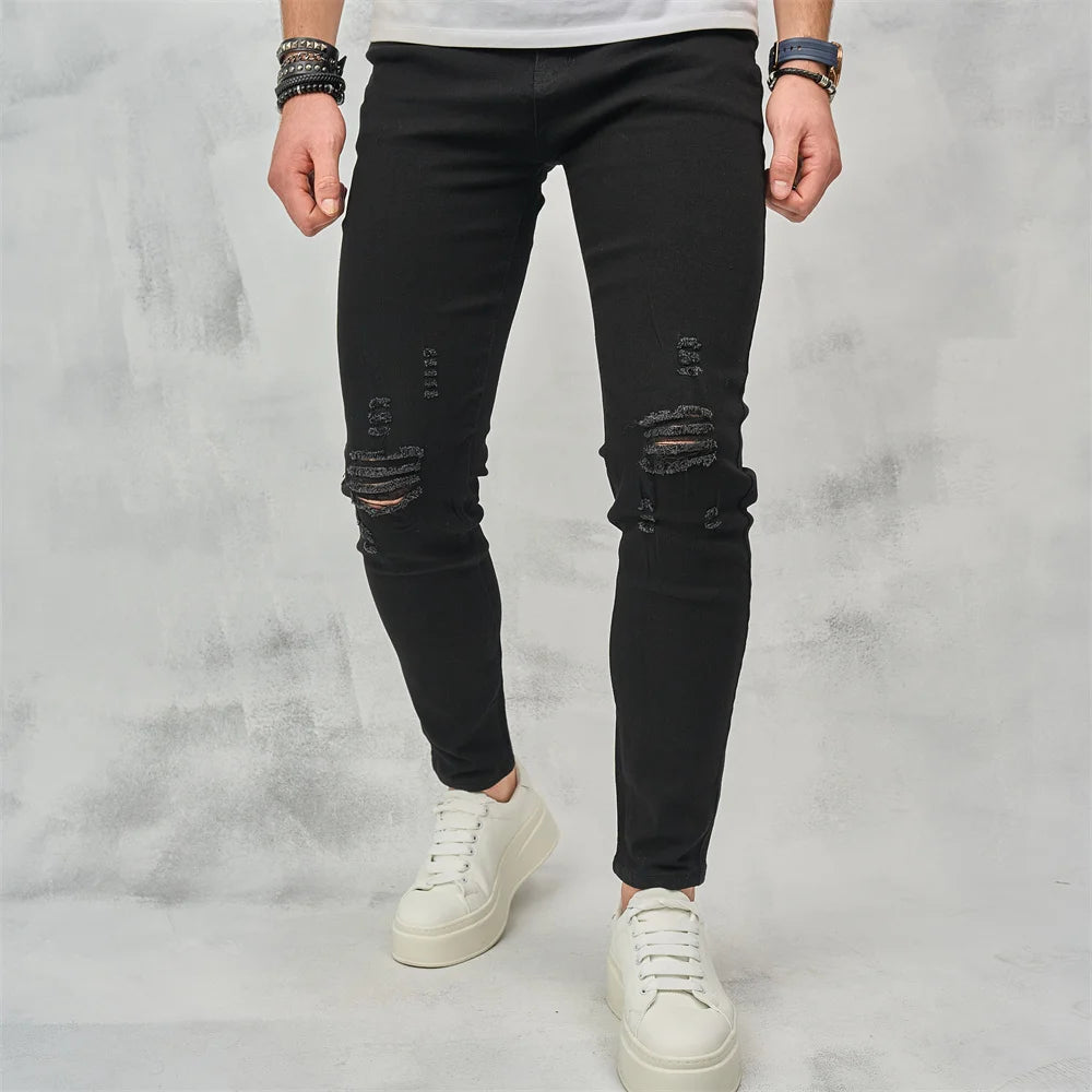 Men High Street Ripped Hip Hop Stylish Skinny Jeans Male Trousers High Quality Holes Casual Cotton Pencil Denim Pants