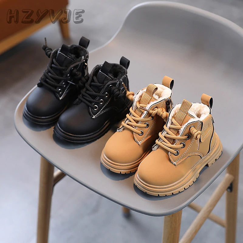 New Children's Fashion Boots Winter Thickened Boys Girls' Anti Slip Warm Leather Boots Side Zipper Solid Color Kids Casual Shoes