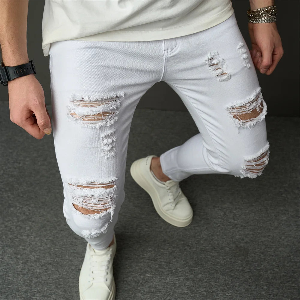 Streetwear Men Simple Style Stretch Skinny Jeans Pants Male Holes Solid Distressed Slim Pencil Denim Trousers