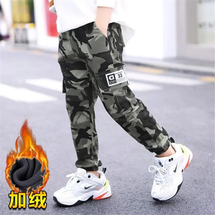 New 4-14T kids Boys Pants Autumn Winter Thick Camouflage Kids Trousers Teenage Boy Warm Clothing Elastic Waist Boy Cargo Pants