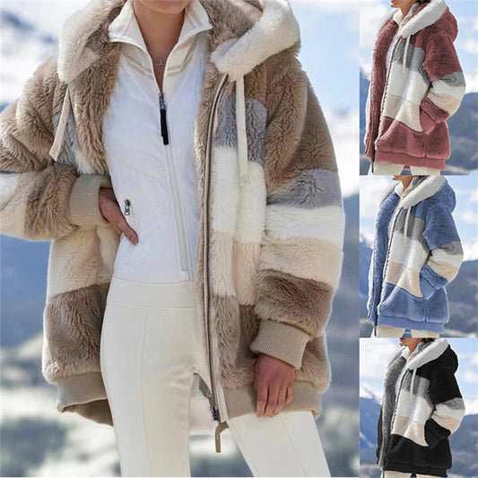 Autumn Winter Warm Plush Pocket Hooded Streetwear Loose Lady Outerwear Coat