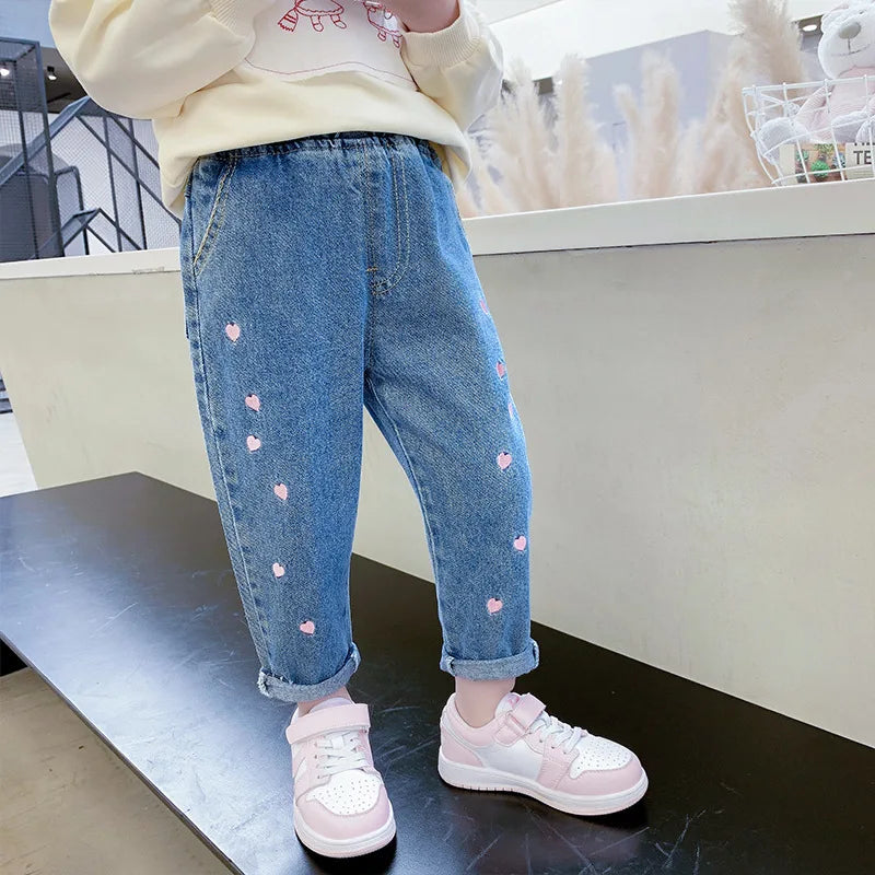 Spring Autumn Baby Denim Pants For Girls Heart Embroidery Elastic Waist Kid Girls Trousers Stretch Exterior Children Girls Pants