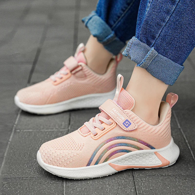 Breathable Girls Sports Shoes Pink Children Casual Running Shoes Light Mesh Student Tenis Summer Kids Flat Footwear Anti-skid