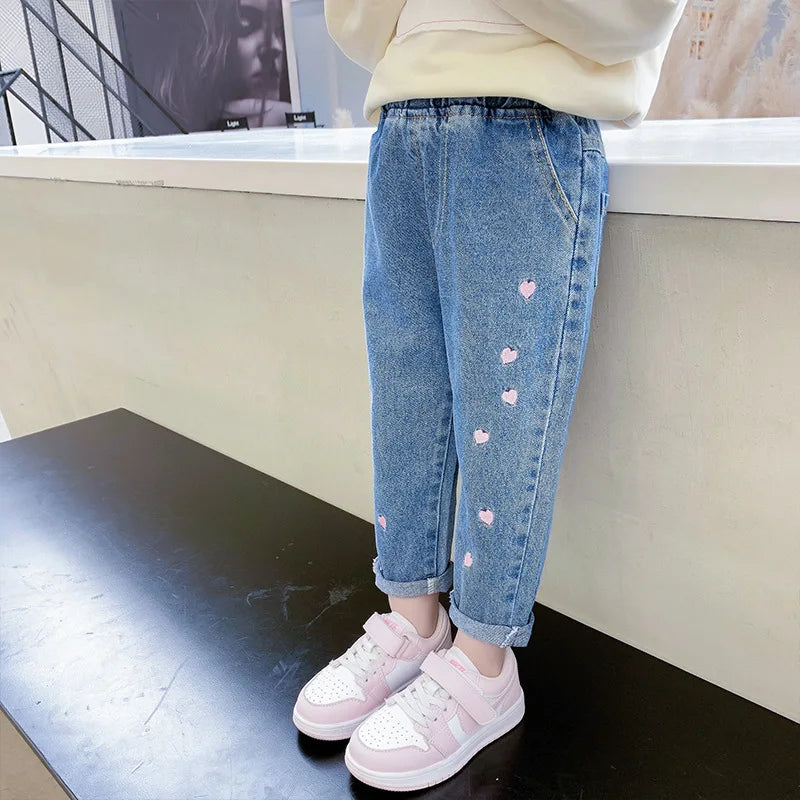 Spring Autumn Baby Denim Pants For Girls Heart Embroidery Elastic Waist Kid Girls Trousers Stretch Exterior Children Girls Pants