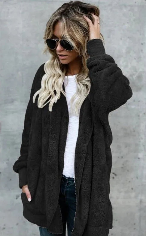 Autumn Winter Double Fleece Cardigan Jacket Women Solid