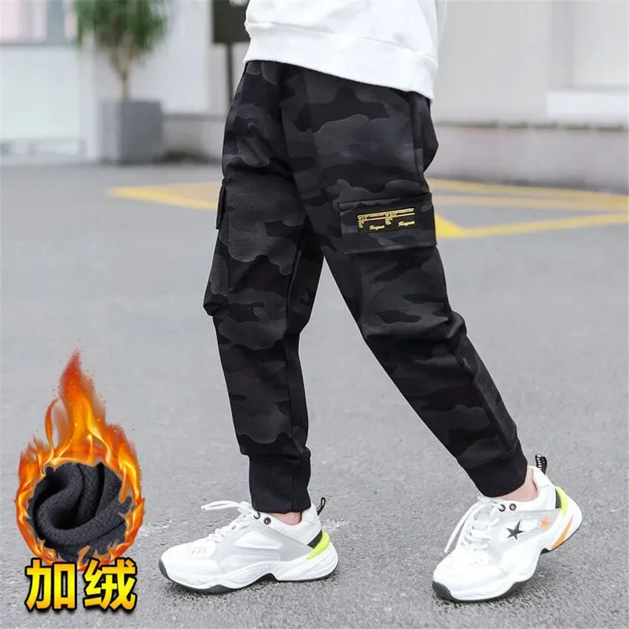 New 4-14T kids Boys Pants Autumn Winter Thick Camouflage Kids Trousers Teenage Boy Warm Clothing Elastic Waist Boy Cargo Pants