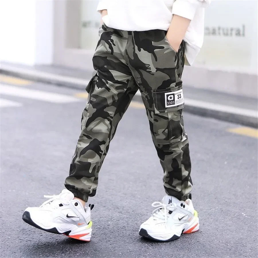 New 4-14T kids Boys Pants Autumn Winter Thick Camouflage Kids Trousers Teenage Boy Warm Clothing Elastic Waist Boy Cargo Pants