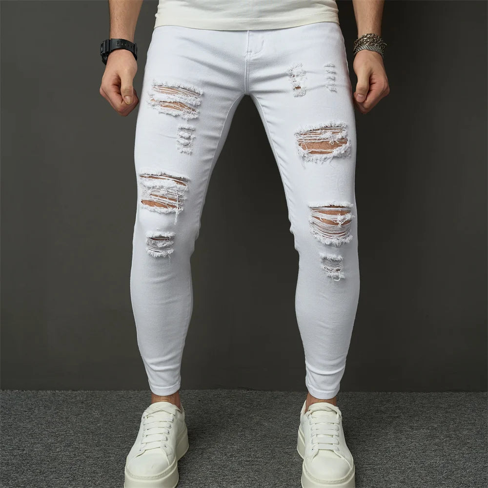 Streetwear Men Simple Style Stretch Skinny Jeans Pants Male Holes Solid Distressed Slim Pencil Denim Trousers