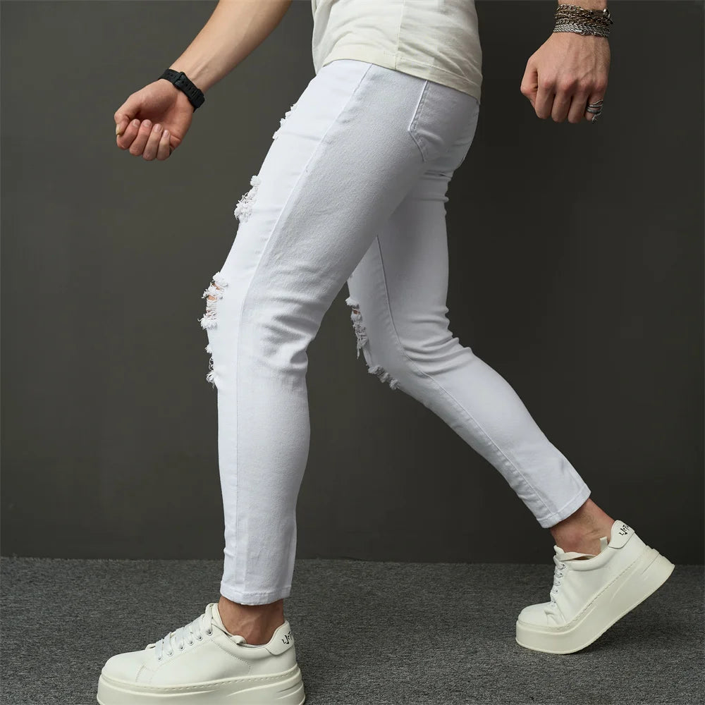 Streetwear Men Simple Style Stretch Skinny Jeans Pants Male Holes Solid Distressed Slim Pencil Denim Trousers