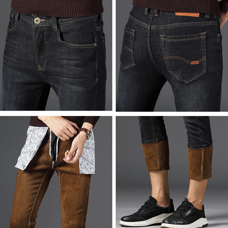 Men 2024 Winter Fleece Warm Retro Business Pants Jeans