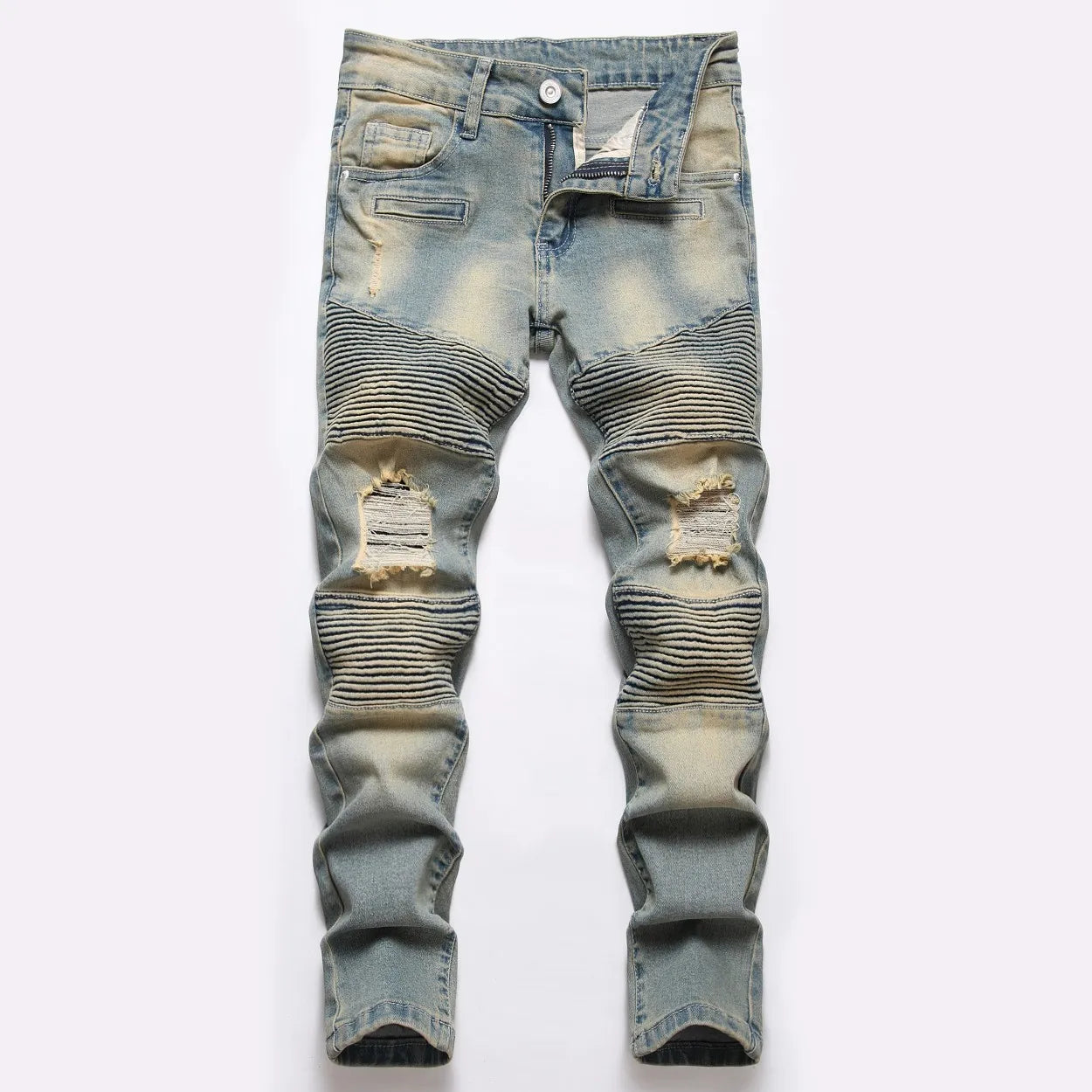 Boy Spring And Autumn Mid-blue Spot Mid-waist Jeans Kids Straight Hole Washed Locomotive Denim Pants