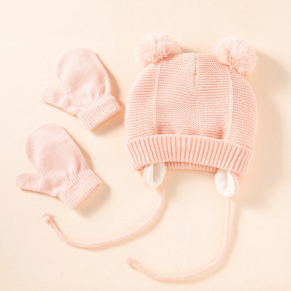 Baby Knit Hat Winter Warm Fleece Wool Hats Gloves Two-piece Set Ball Ear Protection Bonnet For Kids 1-4 Year Caps For Children