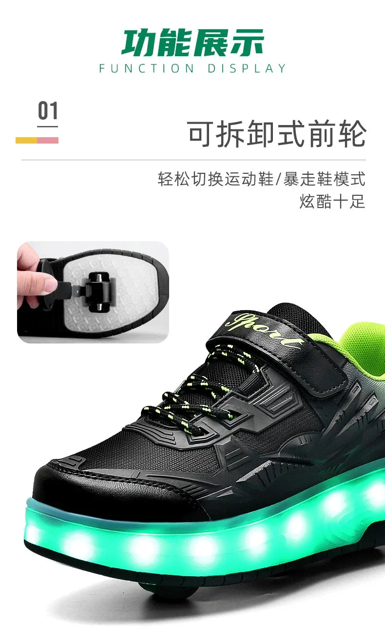 Children Two Wheels Luminous Glowing Sneakers Black Pink Led Light Roller Skate Shoes Kids Led Shoes Boys Girls USB Charging