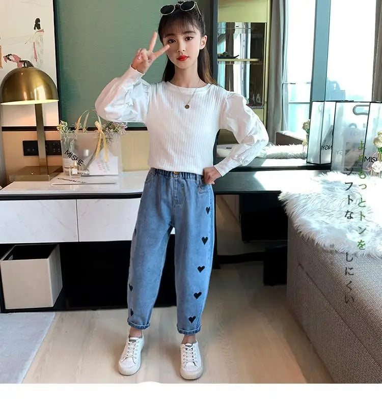 Girls' pants spring and autumn outerwear 2024 new middle-aged and young children's casual jeans spring children's jeans