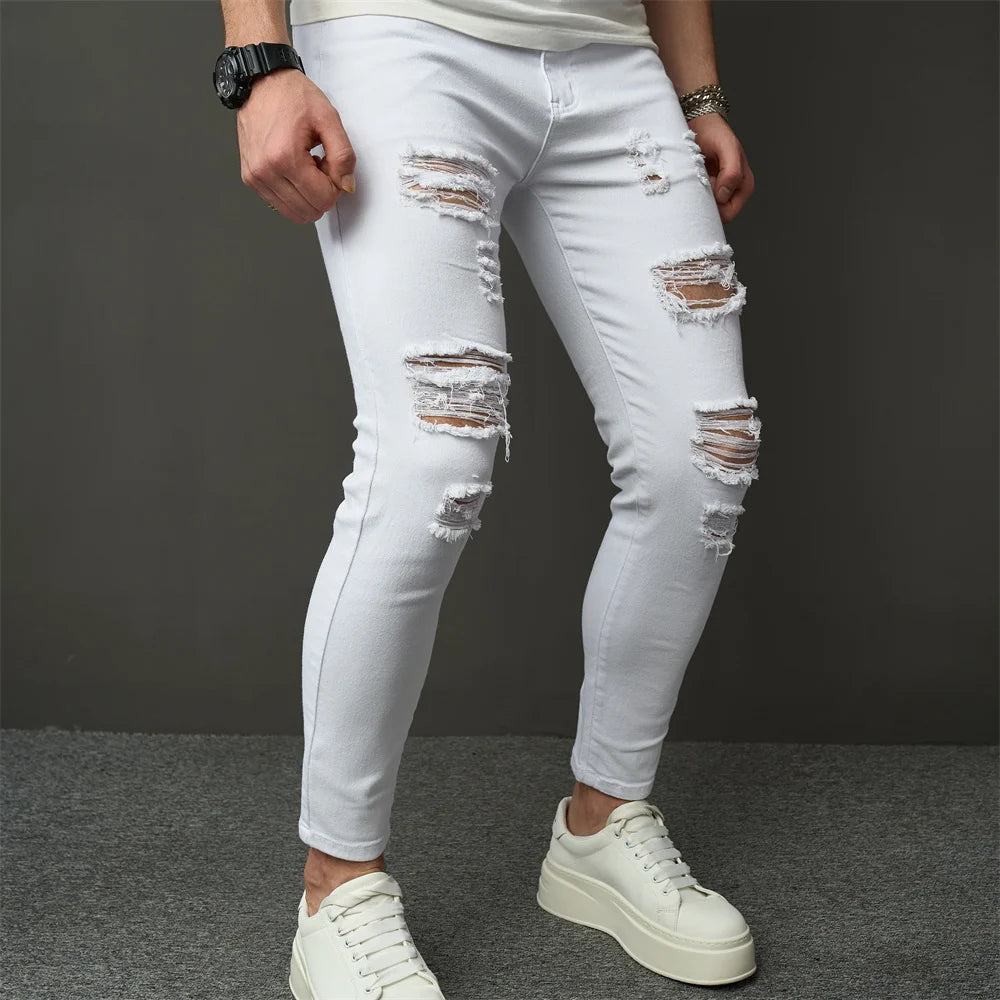 Streetwear Men Simple Style Stretch Skinny Jeans Pants Male Holes Solid Distressed Slim Pencil Denim Trousers