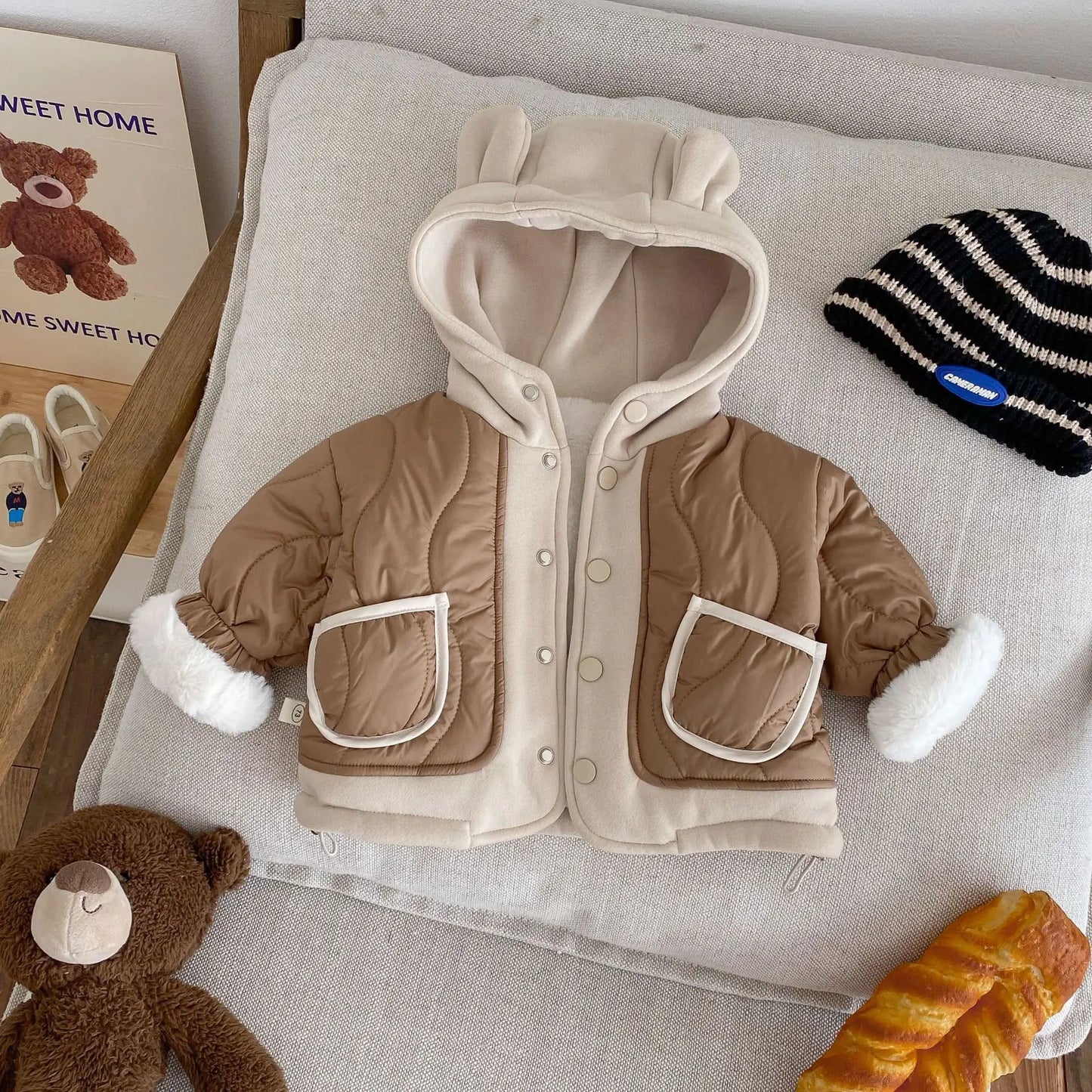 2024 Winter New in Kids Baby Boys Thicken Velvet Warm Patchwork Hooded Top Jacket, Toddler Children Fashion Outwear 3M-5Y