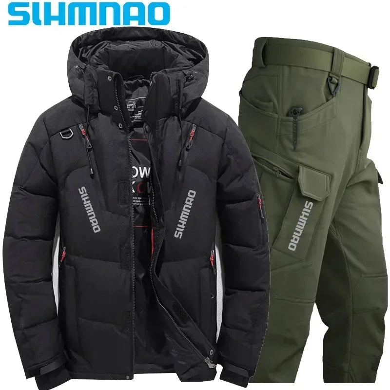 Men's Goose Down Jacket and Tactical Pants, Winter Fishing Suit, Warm, Snow Skiing, Mountain Climbing, Hunting Sportswear