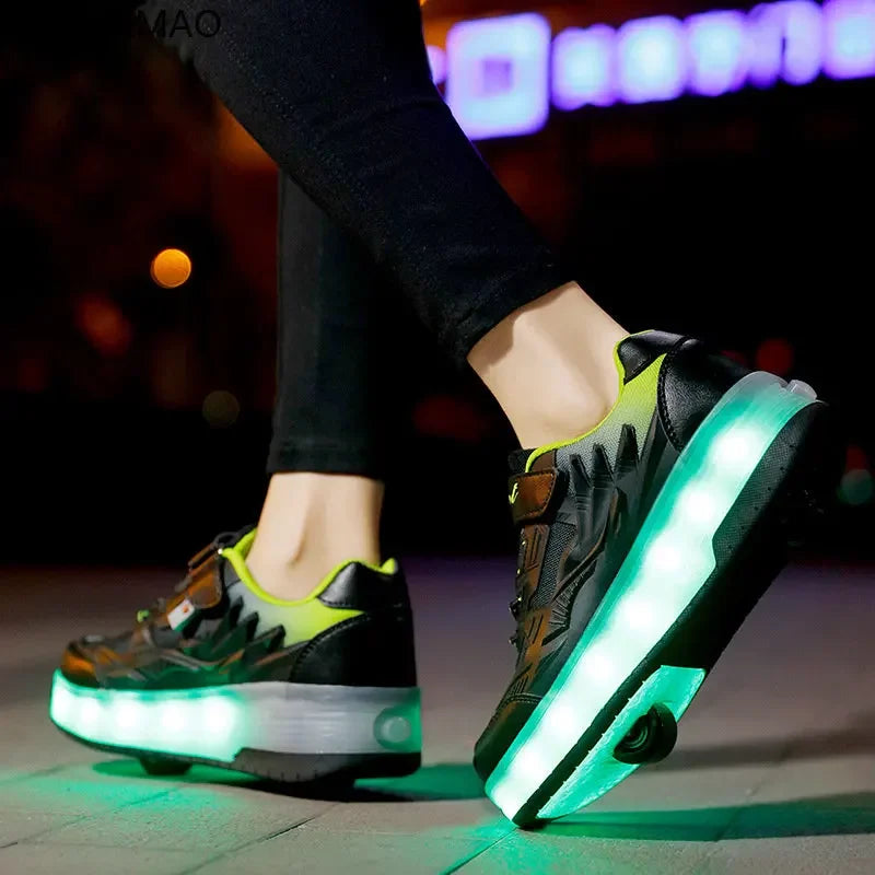 Children Two Wheels Luminous Glowing Sneakers Black Pink Led Light Roller Skate Shoes Kids Led Shoes Boys Girls USB Charging