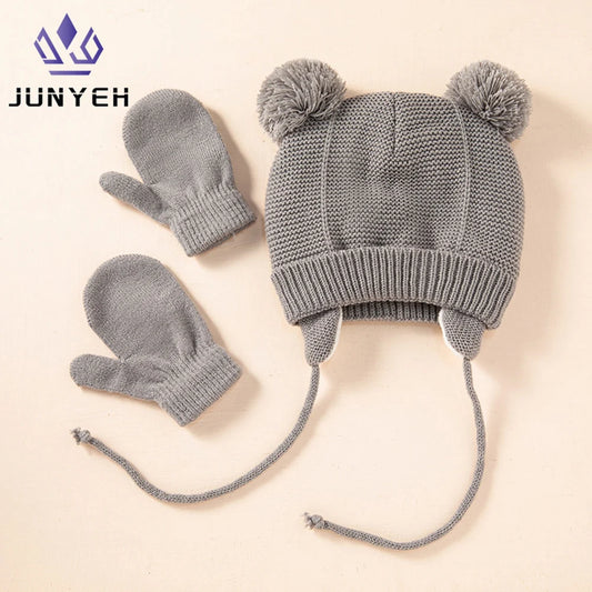 Baby Knit Hat Winter Warm Fleece Wool Hats Gloves Two-piece Set Ball Ear Protection Bonnet For Kids 1-4 Year Caps For Children