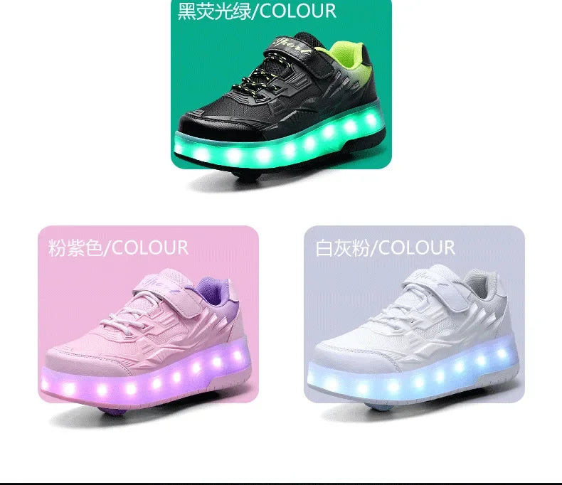 Children Two Wheels Luminous Glowing Sneakers Black Pink Led Light Roller Skate Shoes Kids Led Shoes Boys Girls USB Charging