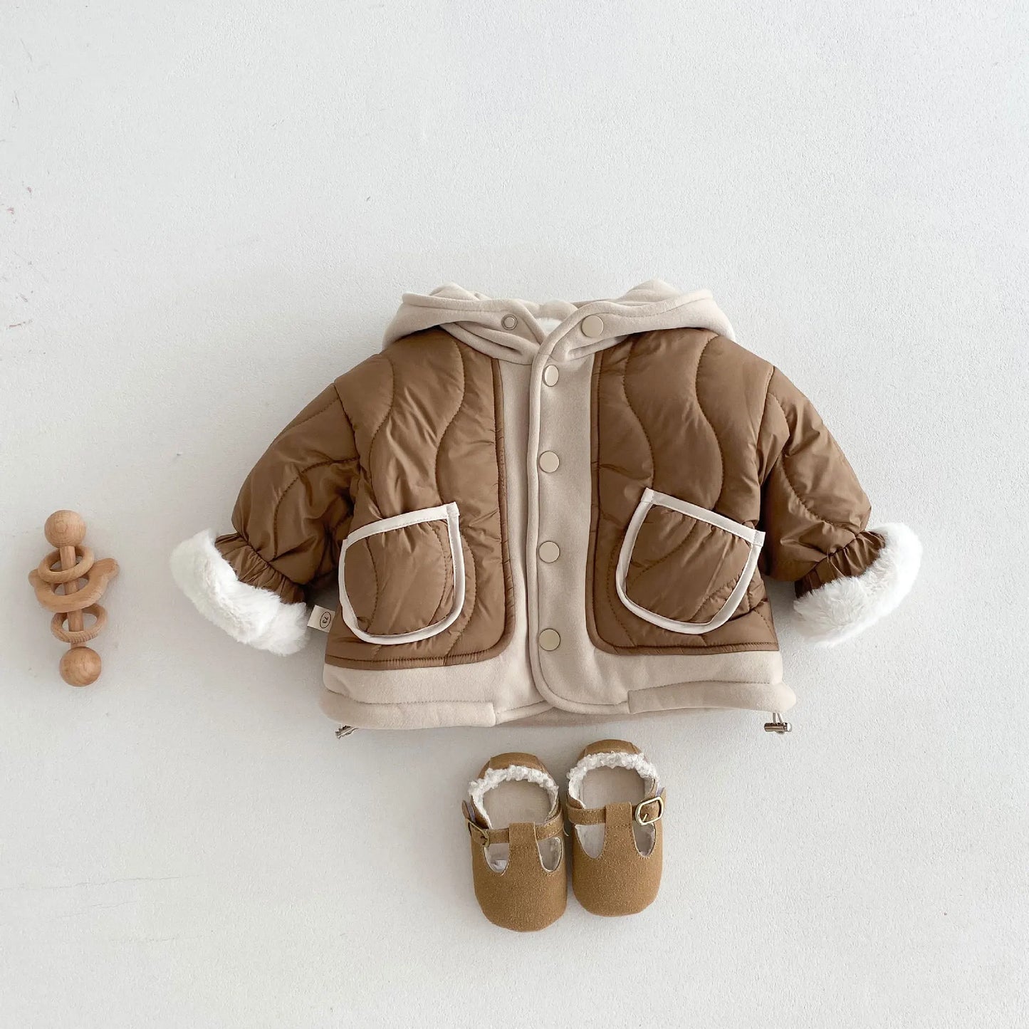 2024 Winter New in Kids Baby Boys Thicken Velvet Warm Patchwork Hooded Top Jacket, Toddler Children Fashion Outwear 3M-5Y